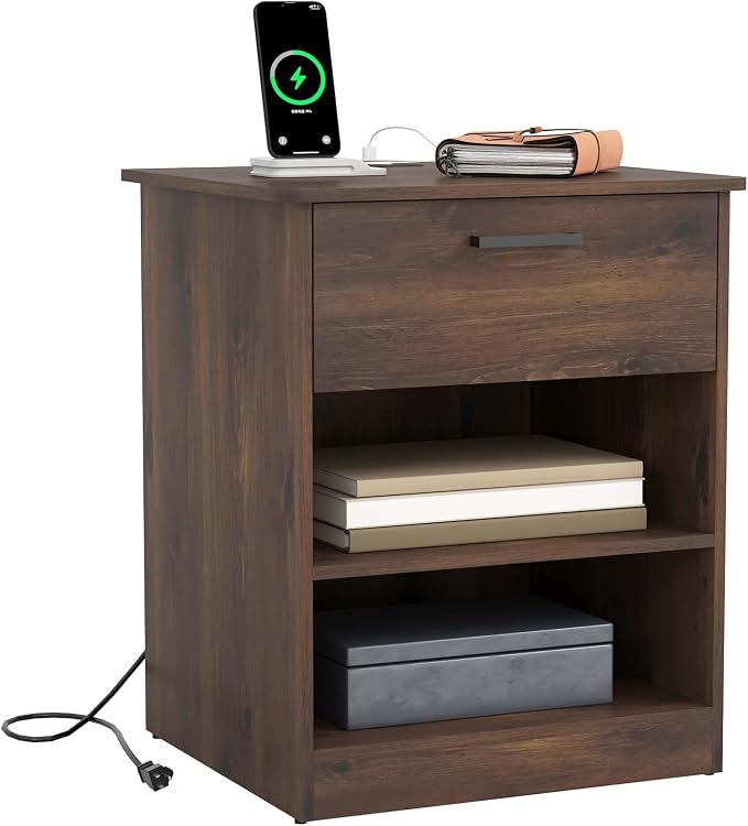 Night Stand with Charger Station, Modern Nightstand with USB Type-C Ports and AC Outlets, Large Bedside Table with Drawer and Open Storage, Wooden End Table for Bedroom (Brown, 1 Drawer) - Image 8