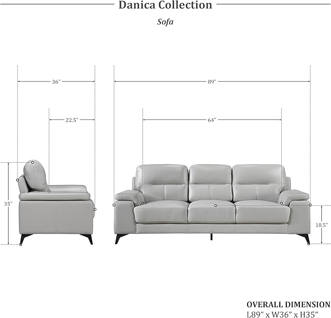 Lexicon Danica Top Grain Leather 2-Piece Living Room Sofa Set, Silver Gray