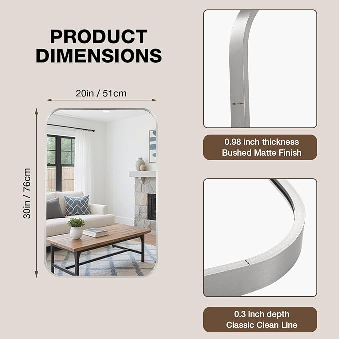 20x30 Inch Bathroom Mirrors for Over Sink, Brushed Nickel Rectangle Mirror for Bathroom or Entryway, Wall Mounted Vanity Mirror with Aluminum Alloy Frame&Tempered Glass, Hangs Horizontally/Vertically - Image 5