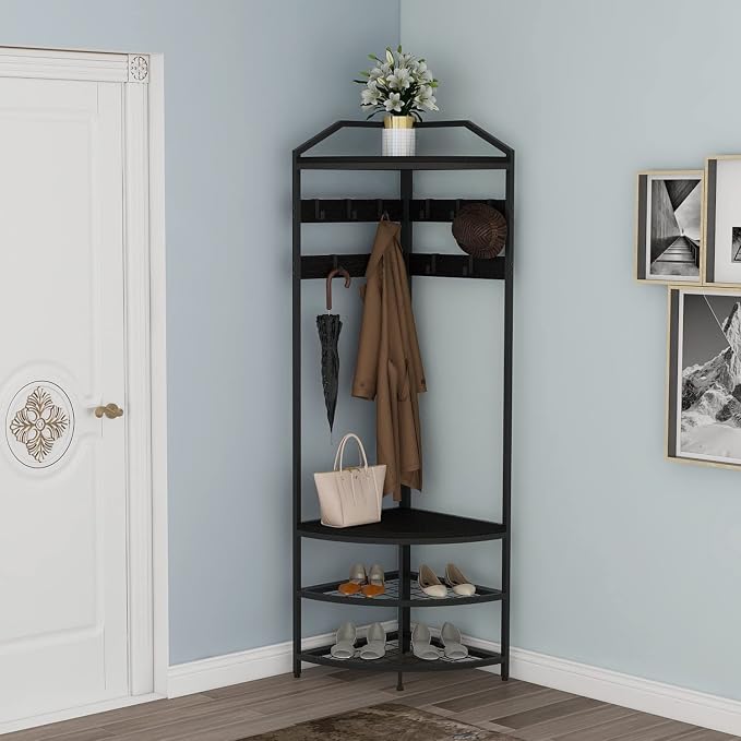 GiftGo Corner Hall Tree with Shoe Bench Entryway Coat Rack with 10 Metal Movable Hooks Freestanding Clothes Rack Shoes Shelf Organizer for Home Office Bedroom (Black) - Image 3