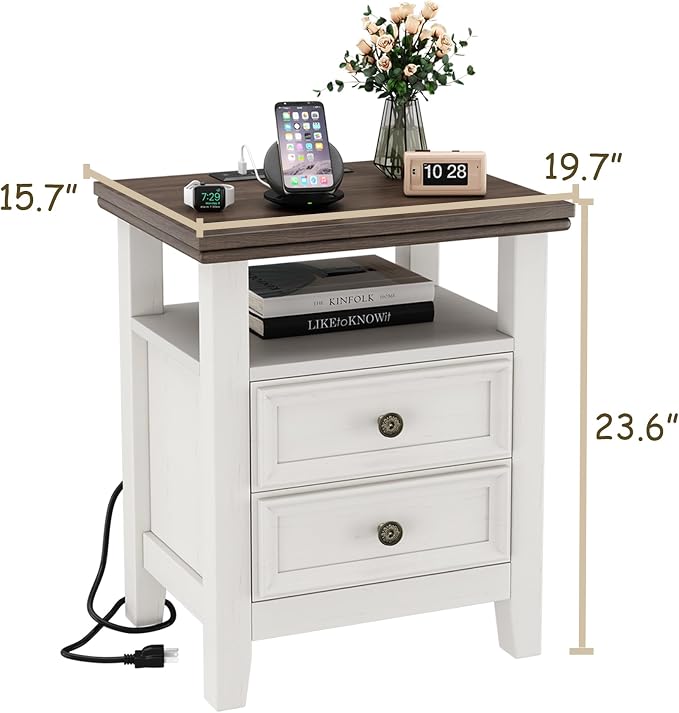 BOSHIRO Antique White Nightstand with Charge Station,Sofa End Table with 2 Drawers & Storage Shelf, Wooden Bed Side Table with USB Ports & Outlets for Bedroom,Home Office - Image 2