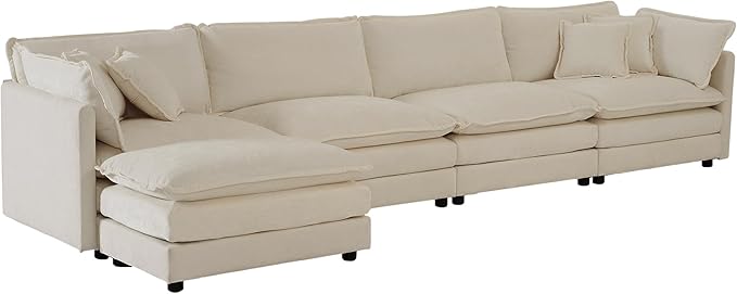 ERYE Shaped Oversized Sectional Sofa Modern Deep Seat Reversible Chaise Sofa&Couch with Movable Ottoman, Modular Sleeper Upholstered Couch for Living Room, Apartment, Studio, Office, 146.5", Beige/L