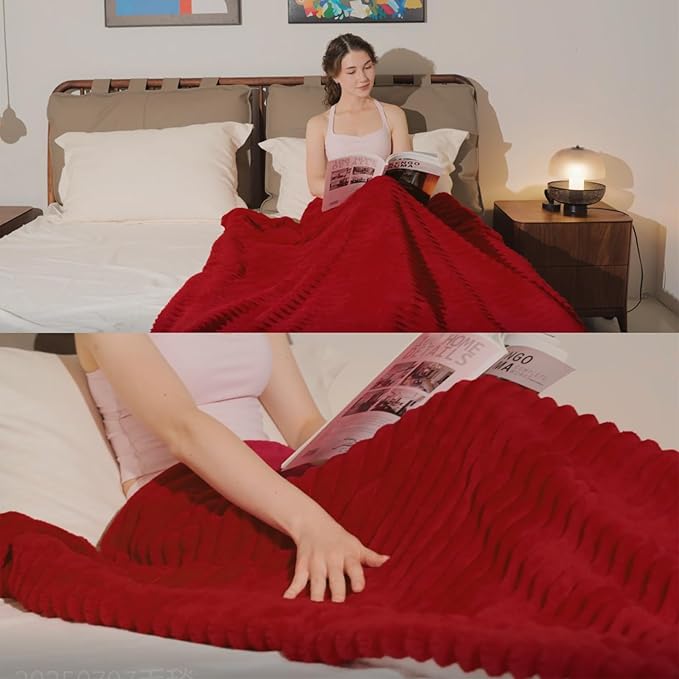 Red Sherpa Fleece Throw Blanket 50”×60” for Couch Sofa Bed,Double Side Soft Fuzzy Cozy Plush Thick Flannel Blanket with Striped Design Gift for Adults,Woman,Girls