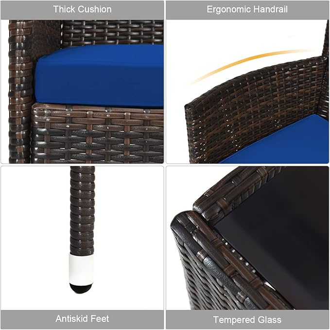 8 Pieces Patio Sofa Set, Wicker Conversation Set with Ergonomic Curved Backrest, Water-Resistant Cushion & Tempered Glass Table for Balcony, Porch (Navy Blue)