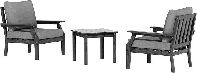 HDPE Patio Conversation Set, 3-Piece All Weather Outdoor Furniture Set with 2 Single Sofas for Deck, Lawn, with Cushion, Black