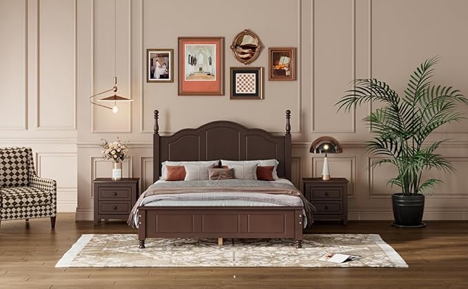 Harper & Bright Designs 3-Piece Full Bedroom Set, Walnut Full Size Wood Platform Bed with 2 Nightstands, Retro Design, Easy to Assemble