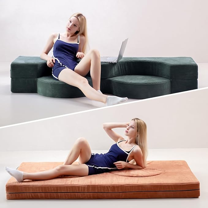 75" Folding Sofa Bed Convertible Futon, Twin Size Sleeper Couch, Washable Velvet Corduroy Cover & High-Density Foam, 2-in-1 Floor Mattress, No Assembly for Living Room/Dorm Orange
