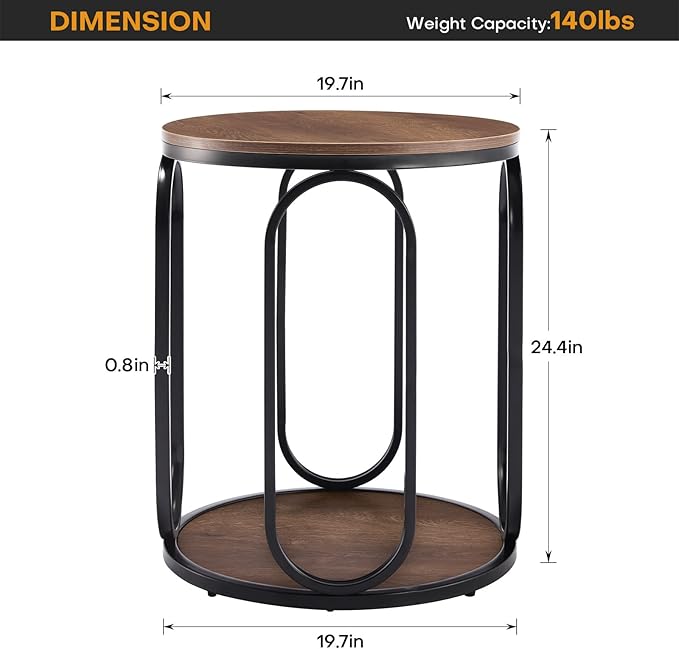 BECHAEO Small Side Table, 19.7" 2-Tier Round Bedside Table with Storage, Wood Industrial Design End Tables for Living Room, Bedroom, Office, Bathroom, Classic Walnut