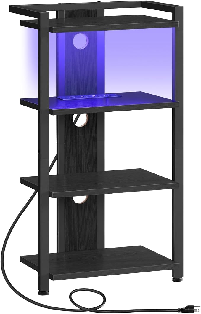 HOOBRO 4-Tier AV Media Stand with Charging Station and LED Light, Wooden Stereo Stand, Rack Audio Tower, Corner TV Stand, Entertainment Device, Black BB38UDCJ01 by HOOBRO