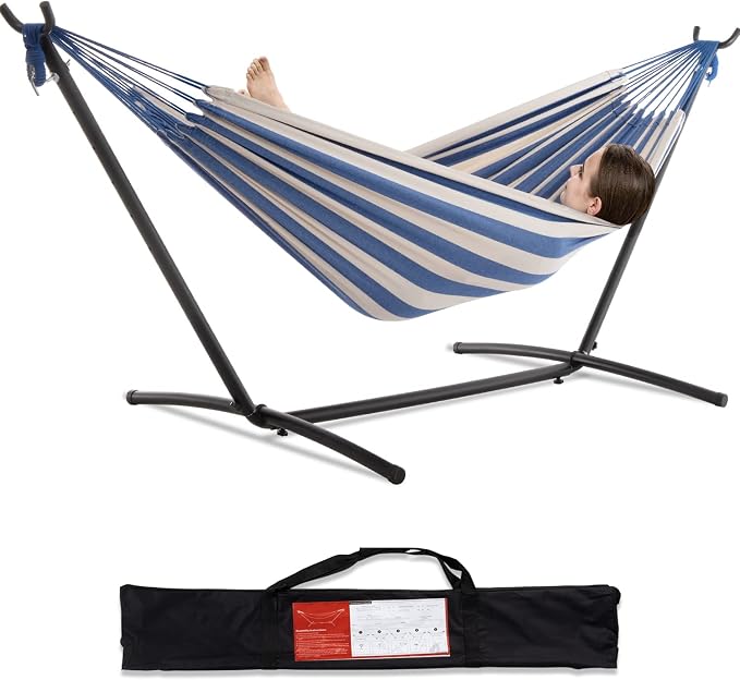 PNAEUT Double Hammocks with Stand for Outside, Portable Space Saving Heavy-Duty Steel Stand for Indoor Outdoor Patio with Carrying Bag, 450 lbs Capacity (Sky) by PNAEUT