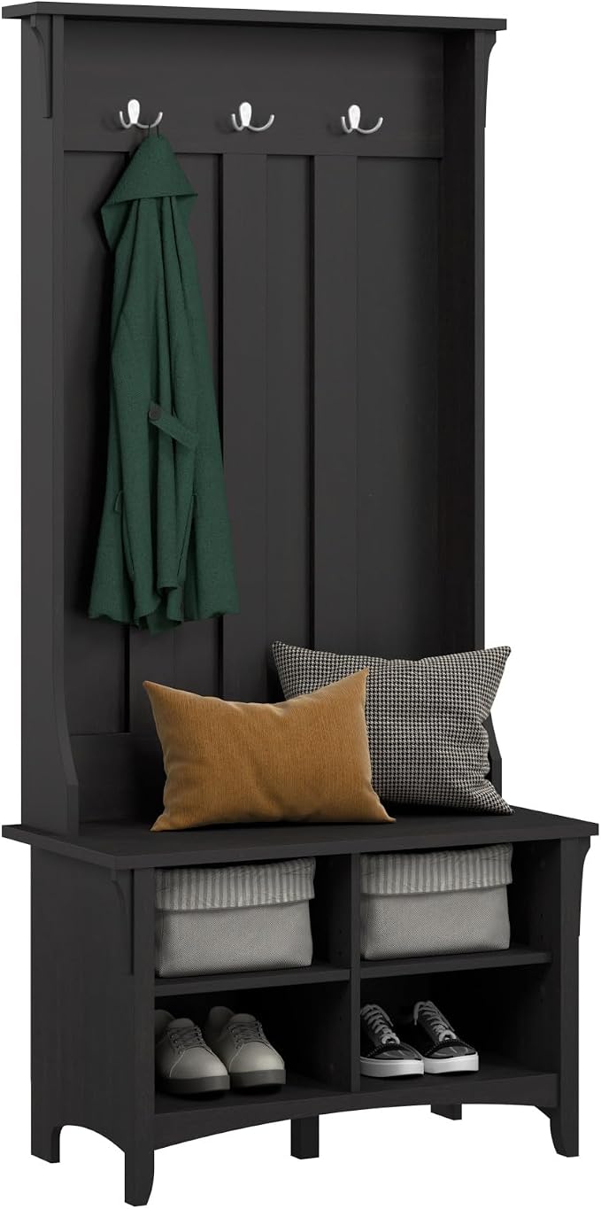 Bush Home Salinas Hall Tree with Shoe Storage Bench in Vintage Black, Multi-Purpose Home Organizer, Entryway Solution with Seating and Hooks by BushHome