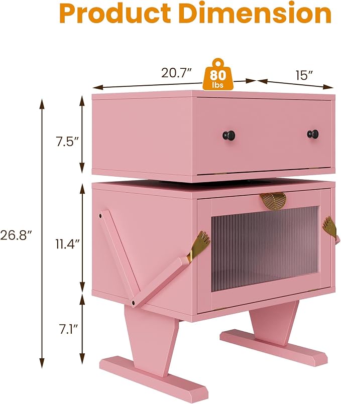 RoyalCraft Large Nightstand Set of 2 with LED Lighs, Pink End Table with 360°Rotating Drawer, Modern Bedside Table with Storage, Wood Night Stand for Bedroom, Home Office, Pink - Image 2