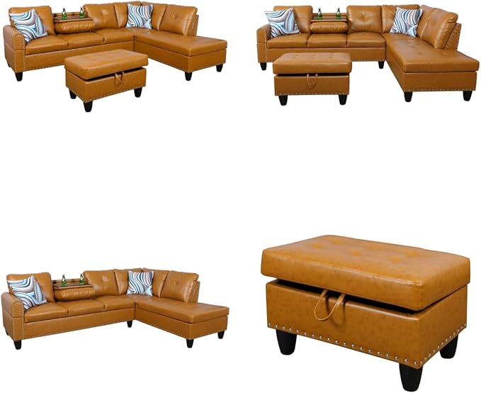 Sectional Couches for Living Room, Convertible 4 Seat Modular Sectional Sofa Set for Living Room, L Shaped Couch or U Shaped Couch with Storage Ottoman for Apartment, Orange