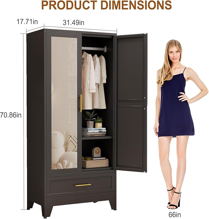 Metal Armoire Wardrobe Closet Storage Cabinet with Mirror Black, 71'' Wardrobe Cabinet with Hanging Rod Metal Closet with Adjustable Shelf and Drawer for Bedroom, Laundry Room, Cloak Room
