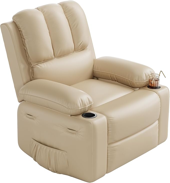 GarveeHome Leather Recliner Chair, Manual Recliner w/Comfortable Arms and Cup Holders for Living Room CF8011 - Large 21.2 in Seat Width, Beige