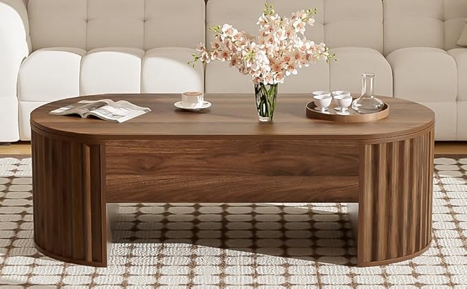 Lift Top Coffee Table with Storage Hidden Compartment, Partially Assembled Wooden Fluted Center Table, 47.2" Modern Oval Smart Lift Tabletop for Home Living Room Office-Brown
