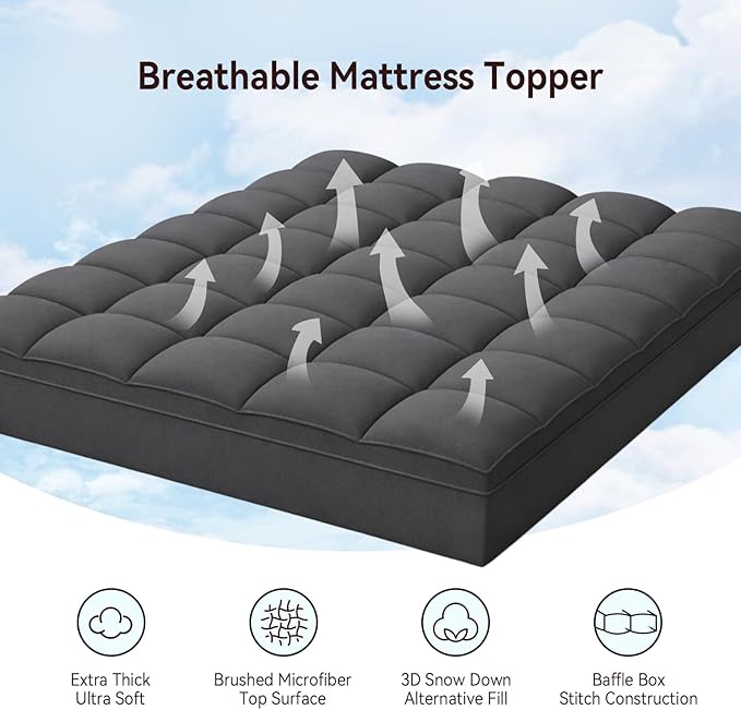 ABENE Mattress Topper for Back Pain Relief, Extra Thick Mattress Pad Pillowtop, Soft Mattress Protector Cover with 8"-21" Deep Pocket, Overfilled Down Alternative Filling (Gray, California King)