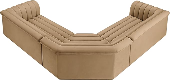 Meridian Furniture 194Camel-Sectional Cascade Collection Modern | Contemporary Modular Sectional with Soft Camel Velvet Fabric, Deep Channel Tufting, Curved Arms, 148" W x 80" D x 28" H, Camel