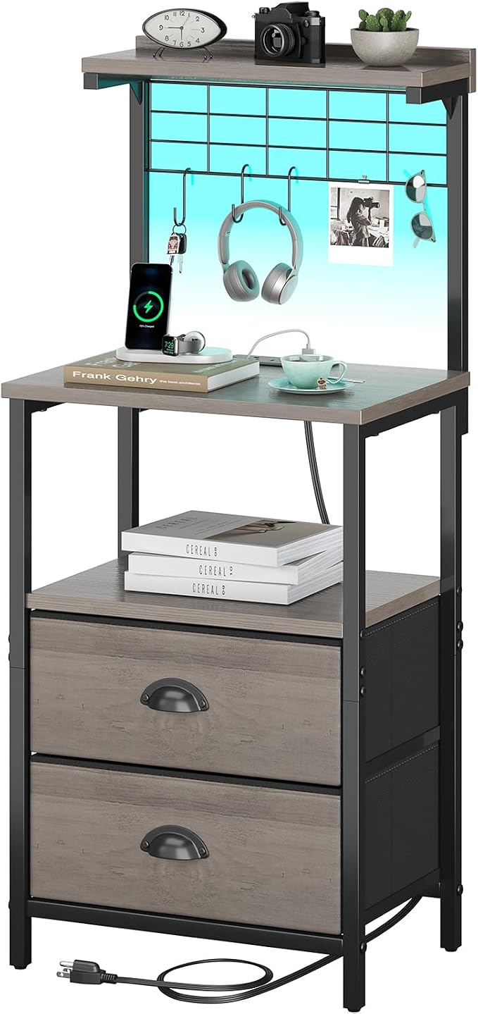 sthmec Tall Nightstands with Charging Station, LED Night Stand Bedsides with 2 Fabric Drawers,Hooks,USB Port and Open Storage Shelves,Tall End Table Bedside for Bedroom,Office, Grey by Unknown
