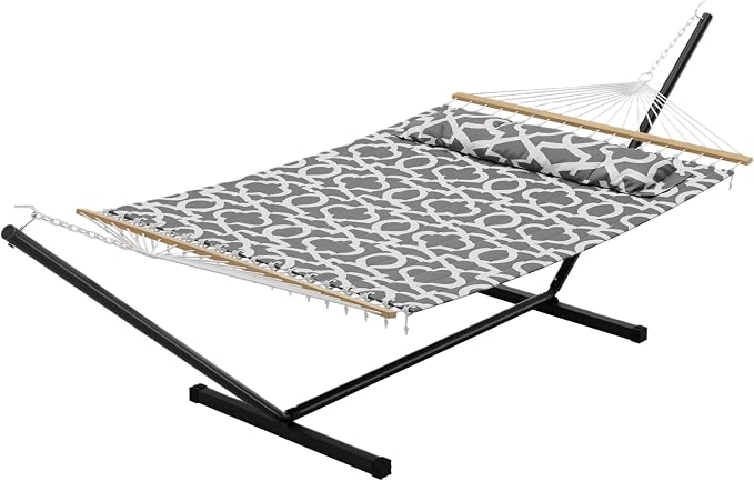 Double Hammock with Stand for 2 Person, Outdoor Freestanding Hammock Bed with 475lb Capacity - Heavy Duty Steel Frame, Quilted Pillow & Portable Carry Bag, Easy Assembly, Light Gray by IDEALHOUSE