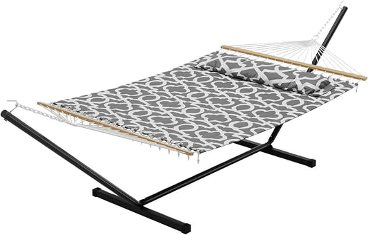 Double Hammock with Stand for 2 Person, Outdoor Freestanding Hammock Bed with 475lb Capacity - Heavy Duty Steel Frame, Quilted Pillow & Portable Carry Bag, Easy Assembly, Light Gray by IDEALHOUSE