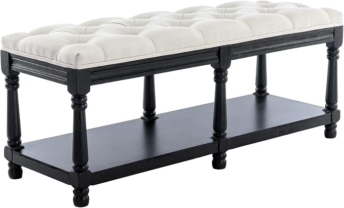 Kmax Storage Entryway Bench Tufted Shoe Rack Bench Black Wood Window Bench for Hallway Entrance Bedroom Corner, Beige - Image 4