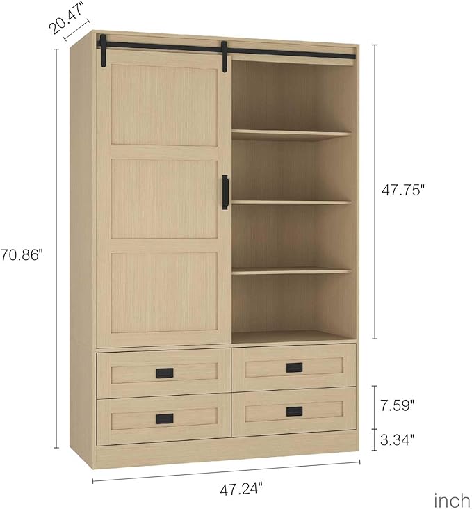 Armoire Wardrobe Closet with Sliding barn Door，Wardrobe Cabinet with 4 Storage Drawers and Hanging Rail,Freestanding Wooden Closet for Bedroom (Natural)