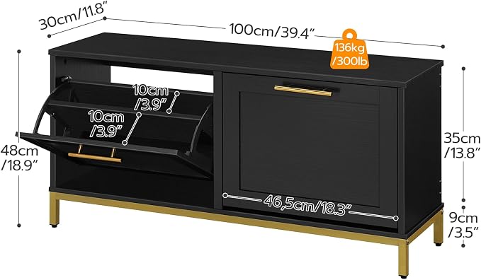 HOOBRO Shoe Bench with Storage, Shoe Storage Bench with 2 Flip Drawers, 39.4" Shoe Cabinet with Bench, Hidden Shoe Rack Organizer for Entryway, Foyer, Hallway, Mudroom, Black and Gold DB48HX01 - Image 3