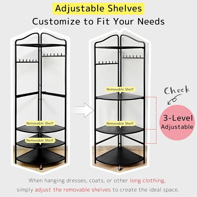 lumizone Corner Clothes & Coat Rack with Shelves for Small Spaces - Foldable 3-Tier Corner Shelves, Freestanding Clothing Wardrobe Closet for Bedroom/Closet/Dorm, 88lb Storage - Image 4