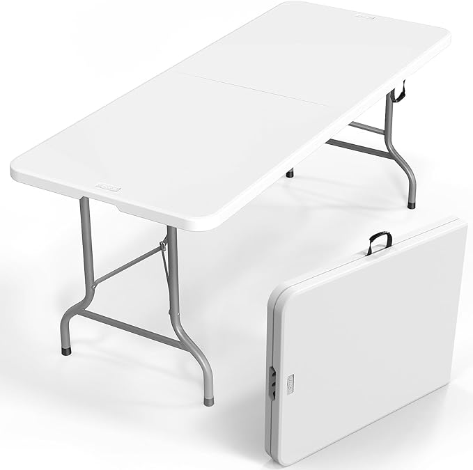 VINGLI 6 Foot Plastic Folding Table Portable Long Table for Indoor Outdoor Use Rectangular with Carrying Handle, Smooth HDPE Tabletop, White by VINGLI