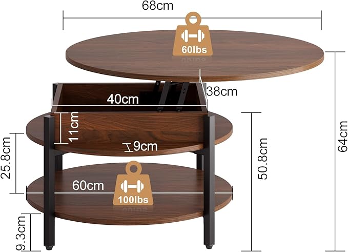 FABATO Round Lift Top Coffee Table with Storage and Hidden Compartment, 26.77'' Farmhouse Coffee Table for Living Room Reception Room, 2 Tier Small Round Coffee Table Circle Dining Table, Espresso