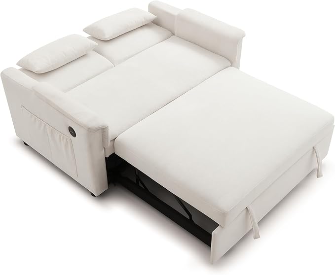 Convertible Loveseat Pull Out Sleeper Sofabed Futon Loveseat Lounge Couch for Living Room 3 in 1 Multi-Functional Pullout Sofa Bed with Reclining Backrest , USB Ports and Side Pockets for Home Office