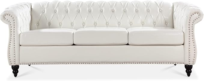 ERYE 84.5-Inch Classic 3 Seat Chesterfield Sofa Couches for Living Room Bedroom, 3 Seaters Button Tufted Faux Leather Upholstered Chesterfield Sofa Couch,Wood Legs | Button Tufted, Easy to Assemble, Nailhead, Removable Cushion