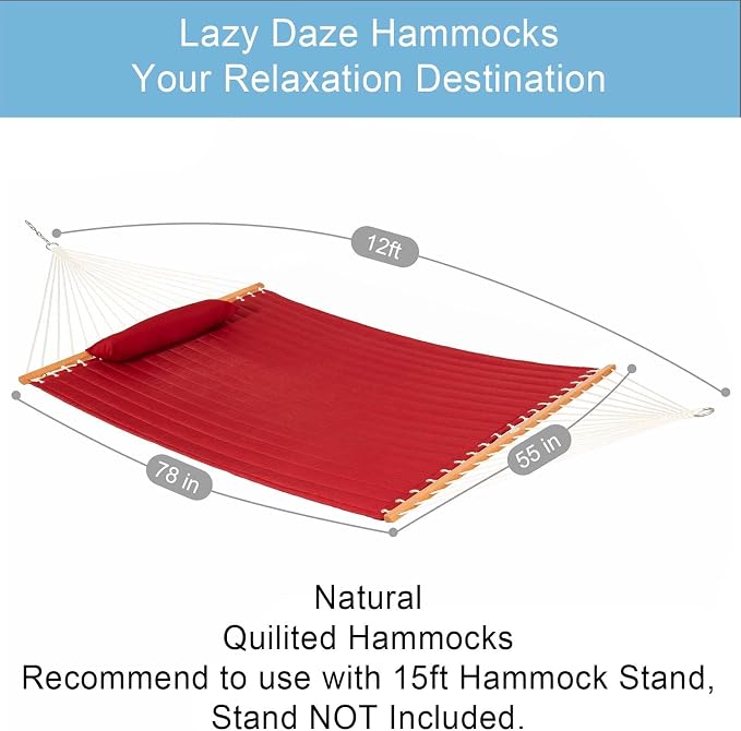 Lazy Daze Hammocks 12 FT Double Quilted Fabric Hammock with Spreader Bar and Detachable Pillow, 2 Person Hammock, 450lbs Weight Capacity, Burgundy - Image 3