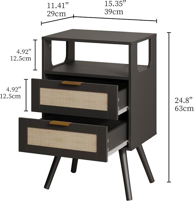 JOONEE Rattan Nightstand,Farmhouse Bedside Table with 2 Storage Drawer and Open Wood Shelf, for Bedroom and Small Spaces,Night Stand with Solid Wood Legs (Black) - Image 2