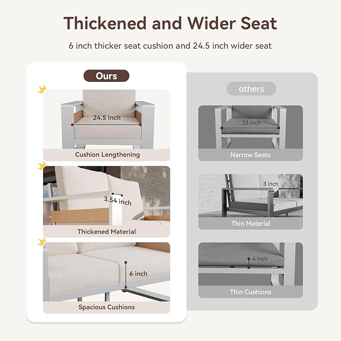 Aoxun Aluminum Outdoor Patio Furniture Set, 2 Seats Metal Sectional Patio Furniture, Modern Outside Sectional Set for Backyard, Armchair ×2, Sliver & Beige