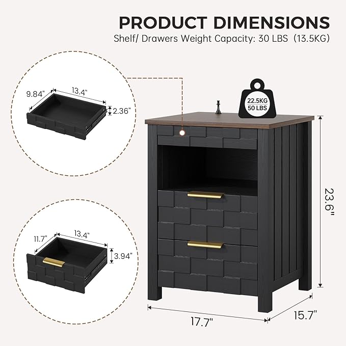 Dystler Nightstand with Gun Drawer - Bedside Table with Charging Station and 2 Drawers, Smart Side Table with 3-Color Human Sensor LED Lights for Bedroom, Black - Image 2
