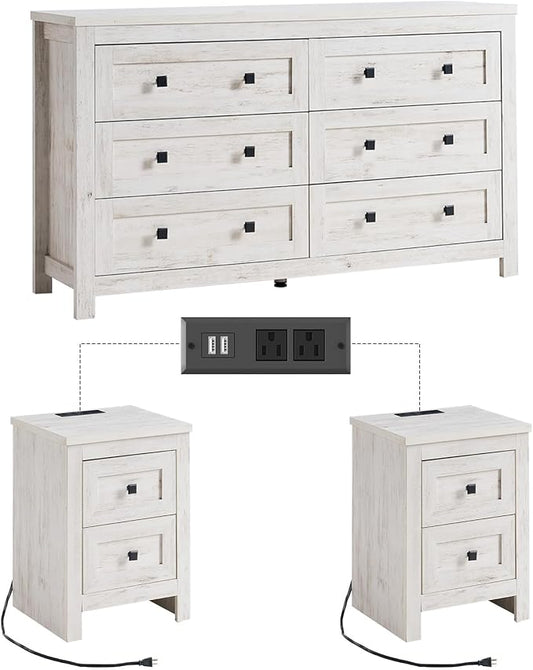 LUXOAK Bedroom Dresser and Nightstand 3 Piece Set, 1 X Wood Rustic 6 Drawer Storage Dresser, 2 X Farmhouse Nightstand with Charging Station, Farmhouse Bedroom Furniture Set, Rustic White