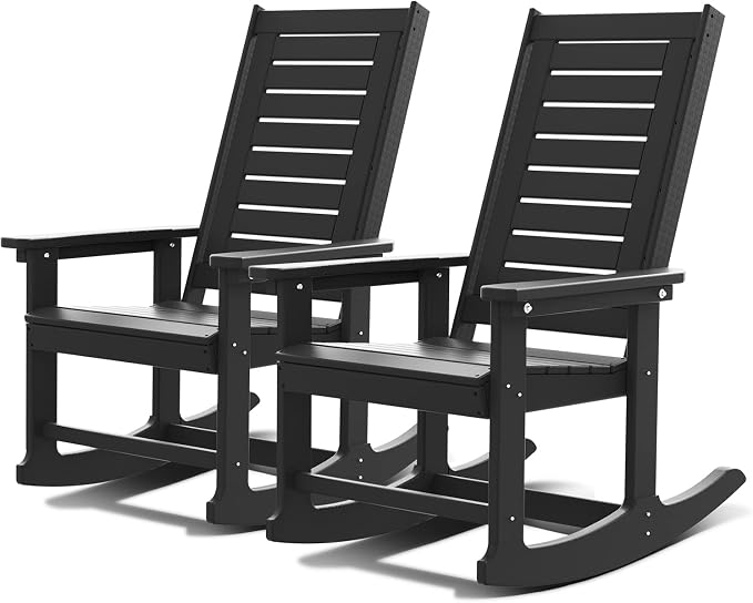 GREENVINES Outdoor Rocking Chairs | Set of 2 | Porch Rocker | HDPE Plastic | Black | Oversized Rockers | High Back | Big & Tall | Ladder Back | for Patio Outside Backyard Balcony by GreenVines