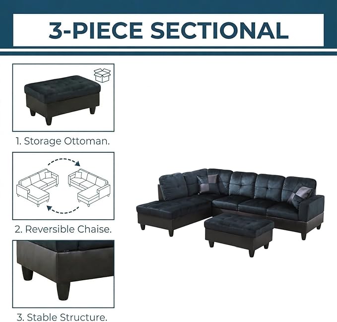 L-Shape Sofa with Storage Ottoman, Lint Sectional Couch with Left Chaise, Modern 3-Piece Sofa Set for Living Room, Upholstered Couch Set with Solid Wood Frame for Apartment, Dark Blue Brown
