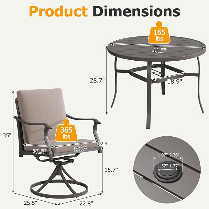 EROMMY 5-Piece Outdoor Patio Dining Set, 4 Swivel Chairs with Removable Cushions & Round Metal Table with Umbrella Hole, All-Weather Furniture for Backyard, Garden and Deck - Image 2