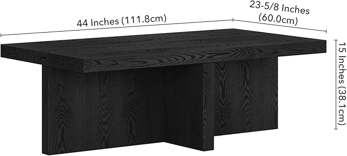 Henn&Hart 44" Rectangular Wood Pedestal Low-Profile Coffee Table for Living Room, Family Room, or Office, Natural Black