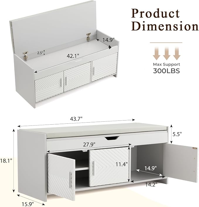 ECOTOUGE Storage Bench, Shoe Bench with Lift Top Storage, Entryway Bench with Cushioned Seat, Adjustable Shelf for Living Room, Bedroom, Hallway, Light Grey - Image 2