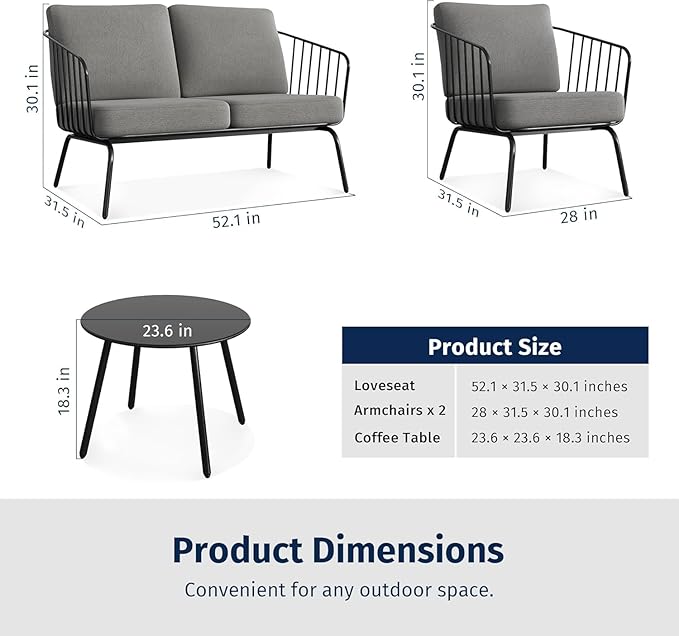 East Oak 4-Piece Plaza Patio Furniture Set, Outdoor Furniture for Balcony, Poolside, and Yard, with Thick Cushion Sofa and Coffee Table, Modern Patio Conversation Set, Black & Grey