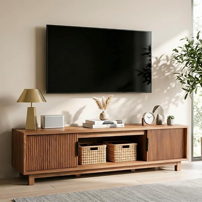 Alpen Fluted TV Stands for Living Room, 58" Mid Century Modern Entertainment Center with Storage, Brown Walnut TV Console for 55/60/65 Inch TV, Wood Television Media Cabinet for Bedroom by ALPEN