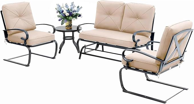 Oakcloud 4-Piece Outdoor Metal Furniture Sets Patio Conversation Set Wrought Iron Glider, 2 Spring Lounge Chairs and Round Side Table, Brown