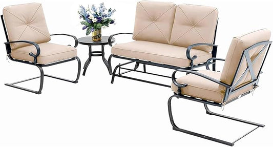 Oakcloud 4-Piece Outdoor Metal Furniture Sets Patio Conversation Set Wrought Iron Glider, 2 Spring Lounge Chairs and Round Side Table, Brown