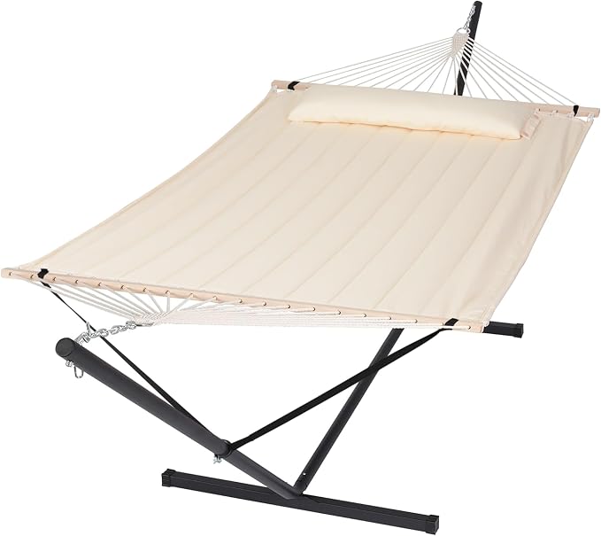 SUNCREAT Hammocks Extra Large Double Hammock with 12 ft Stand, 475lbs Capacity, Outdoor Portable Hammock with Hardwood Spreader Bar, Extra Large Pillow, Beige by SUNCREAT