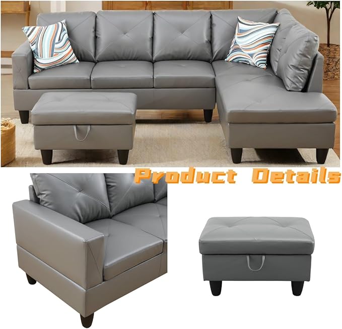 FONTOI L Shaped Sectional Couch with Otttoman, 97" Leather Sectional Sofa for Living Room Modular Couches with Cup Holders for Bedroom, Apartments, Dark Grey