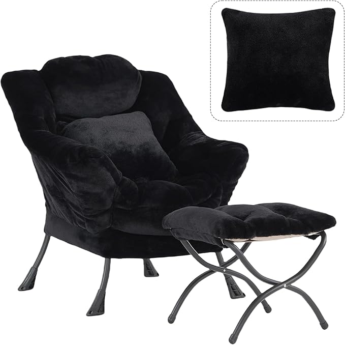 Lazy Chair with Ottoman, Large Black Accent Chair with Ottoman and FA Throw Pillow, Comfy Plush Reading Chair for Living Room Bedroom Dorm Room Office Apartment Relaxing Use